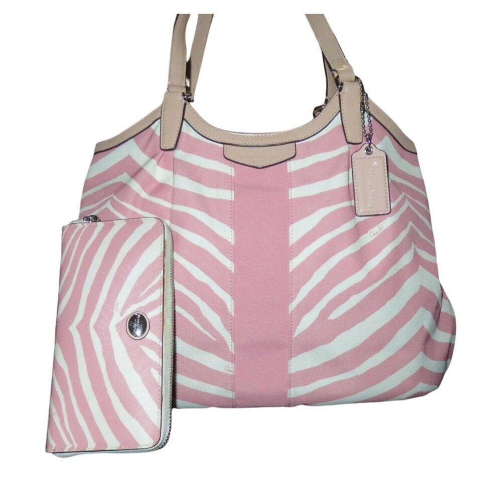 COACH Devin Tote & Peyton Long Wallet Tulle Zebra Stripe Print Cream & Pink - Picture 1 of 16